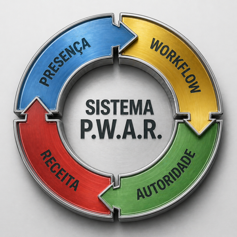 Sistema P.W.A.R. da PW-Business Profile com método de presença digital, workflow, autoridade, e receita para negócios locais
