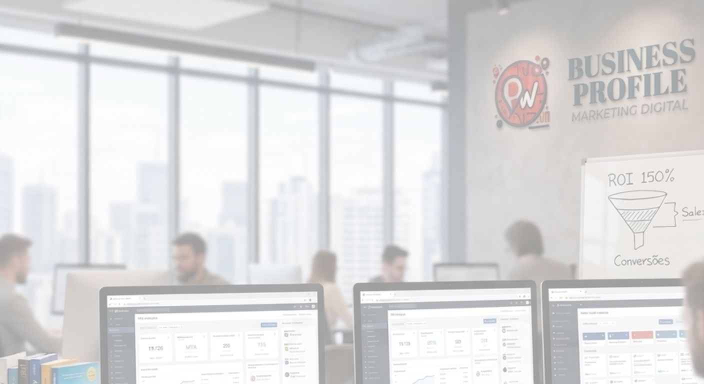 escritório da PW Business Profile com equipe de marketing digital analisando métricas, SEO local e crescimento de negócios