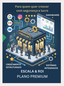 Ilustração do plano “Escala & ROI – Plano Premium” da PW Business Profile mostrando uma loja premium cercada por ícones de Google, Instagram, e-mail, engrenagens, dashboard de métricas e pessoas entrando no estabelecimento. A arte destaca crescimento estruturado, sistemas integrados e foco em segurança, lucro e aumento de ROI.