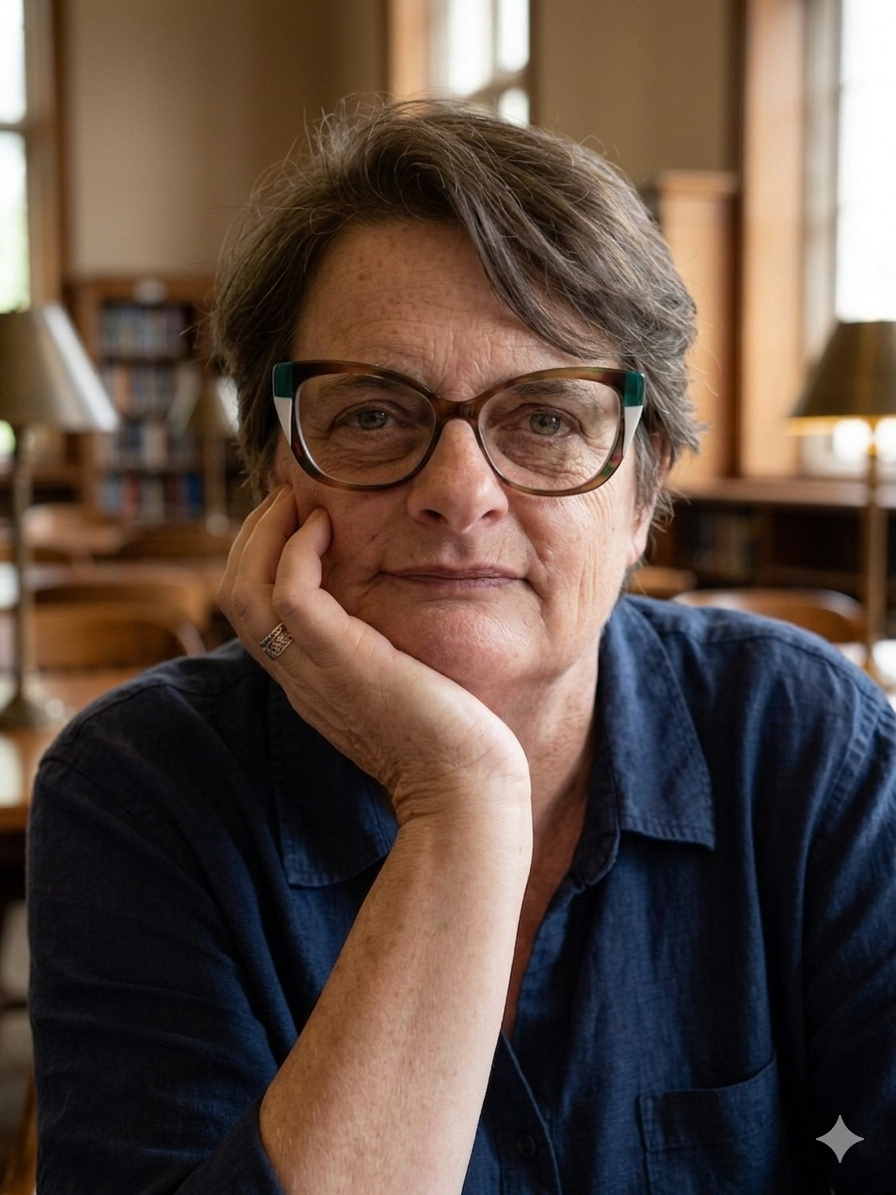 Pessoa usando óculos e camisa azul escura sentada em uma biblioteca, apoiando o rosto na mão enquanto está diante de um caderno aberto sobre uma mesa de madeira. Ao redor há livros empilhados, luminárias clássicas e estantes ao fundo iluminadas pela luz natural das janelas.