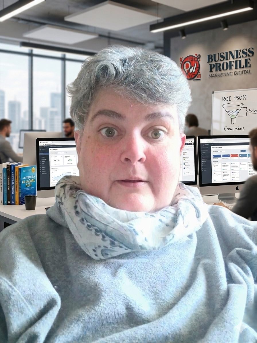 Pessoa de cabelo grisalho usando blusa cinza e cachecol claro, em primeiro plano, dentro de um escritório moderno da PW Business Profile. Ao fundo aparecem computadores com dashboards de marketing digital, colaboradores trabalhando, o logotipo da empresa na parede e um quadro com funil de vendas, ROI e conversões.