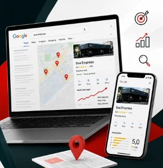 O perfil do Google Meu Negócio é exibido em um laptop e em um smartphone, mostrando a listagem de uma empresa local no Google Maps com avaliações, marcadores de localização e indicadores de crescimento de desempenho.