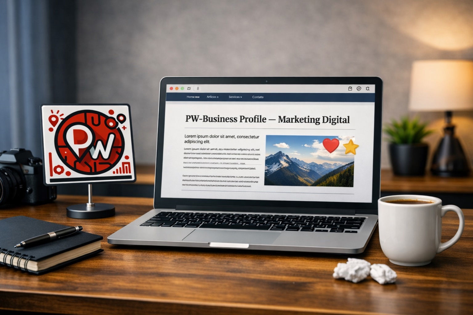 um computador exibindo um artigo, ícones de interação (coração e estrela), além de elementos de escrita e criação de conteúdo como câmera, caneca de café e bloco de notas na mesa da agência PW - Business Profile em Jundiaí